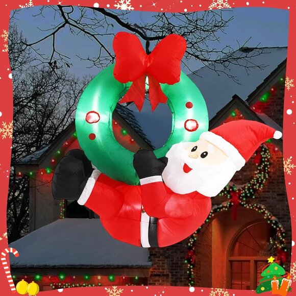 Hanging Christmas Inflatable Santa with Wreath and Lights for Door or Yard - Picture 5 of 7